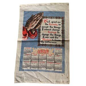 Vintage 1989 Serenity Prayer Calendar Linen Towel - Praying Hands - 14x22